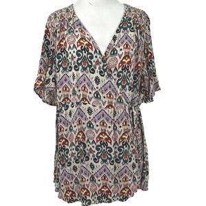 Torrid Boho Ikat Print Wrap Top Kimono Sleeve Rayon Blouse Size 1 Plus